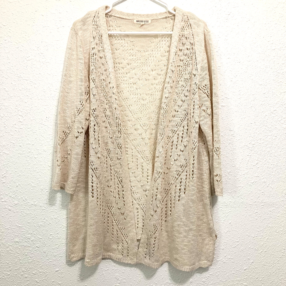 Margeaux Ellie Open Front Cardigan Cream Pointelle Knit Boho Longline XL